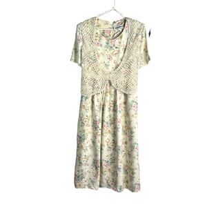 Vtg 80s SL Fashions Prairie Cottagecore Floral Crochet Vest Dress Sz 12 USA ￼